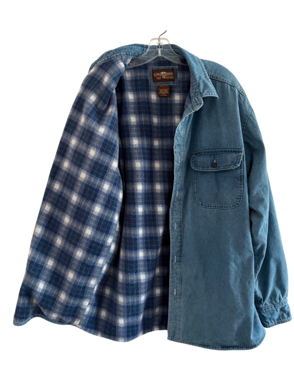 Levis Men Large Denim Shacket Flannel Plaid Lined Button Front L/S Shacket Chore